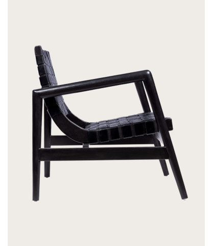 Halo - Fauteuil en bois massif de teck et cuir noir tressé