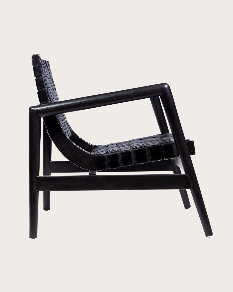 Halo - Fauteuil en bois massif de teck et cuir noir tressé