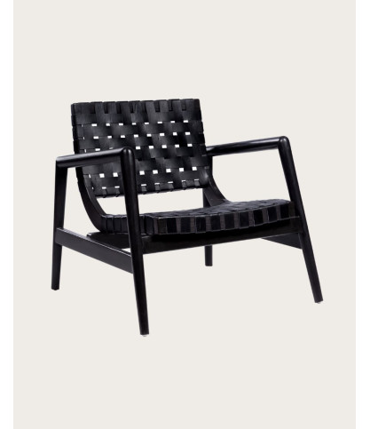 Halo - Fauteuil en bois massif de teck et cuir noir tressé