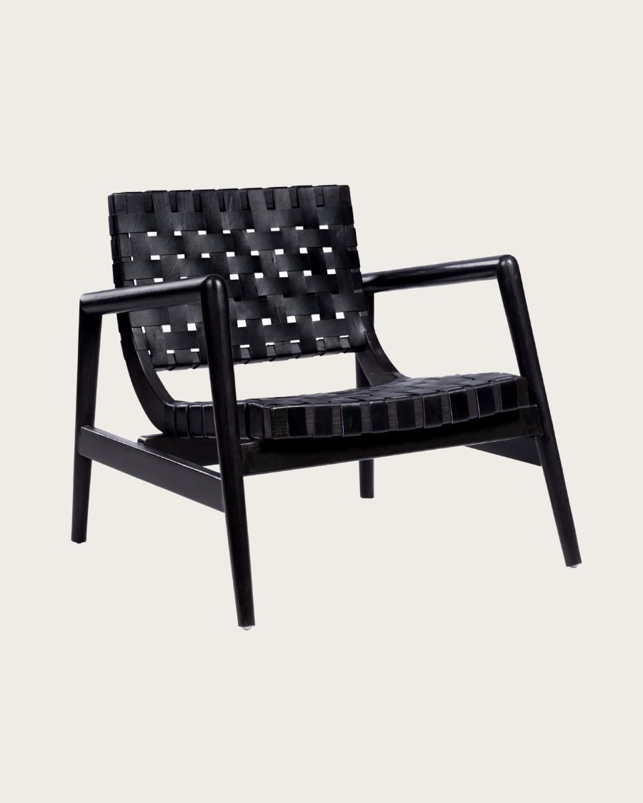 Halo - Fauteuil en bois massif de teck et cuir noir tressé