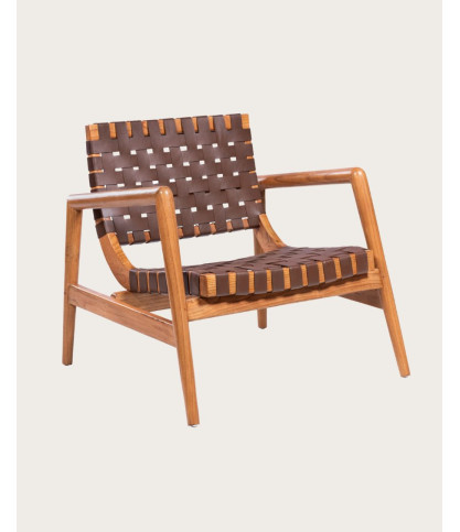 Halo - Fauteuil en bois massif de teck et cuir tressé