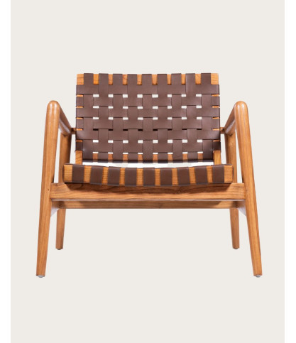 Armchair in solid teak wood and braided leather