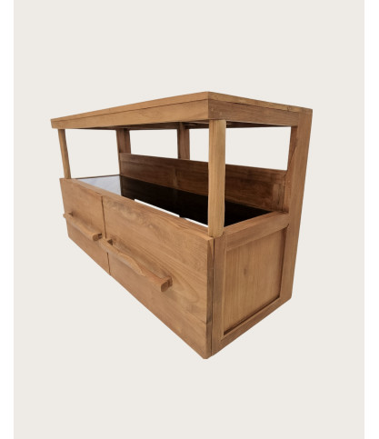 Névia - Meuble salle de bain en teck avec étagère en verre 140 cm