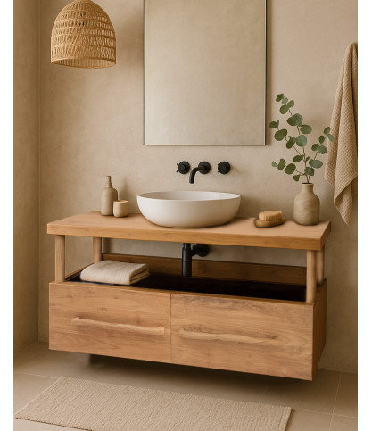 Névia - Meuble salle de bain en teck avec étagère en verre 140 cm