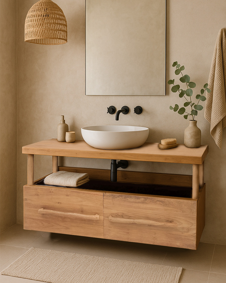Névia - Meuble salle de bain en teck avec étagère en verre 140 cm