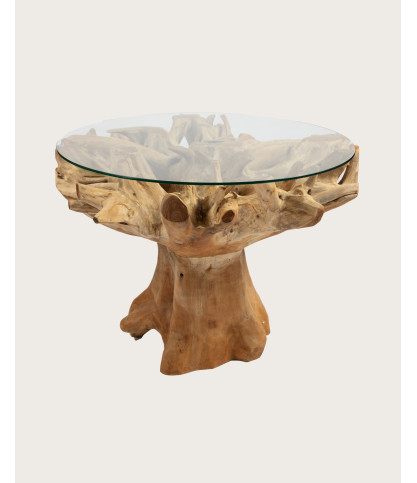 Forest - Table de jardin en bois brut de teck avec le plateau de verre