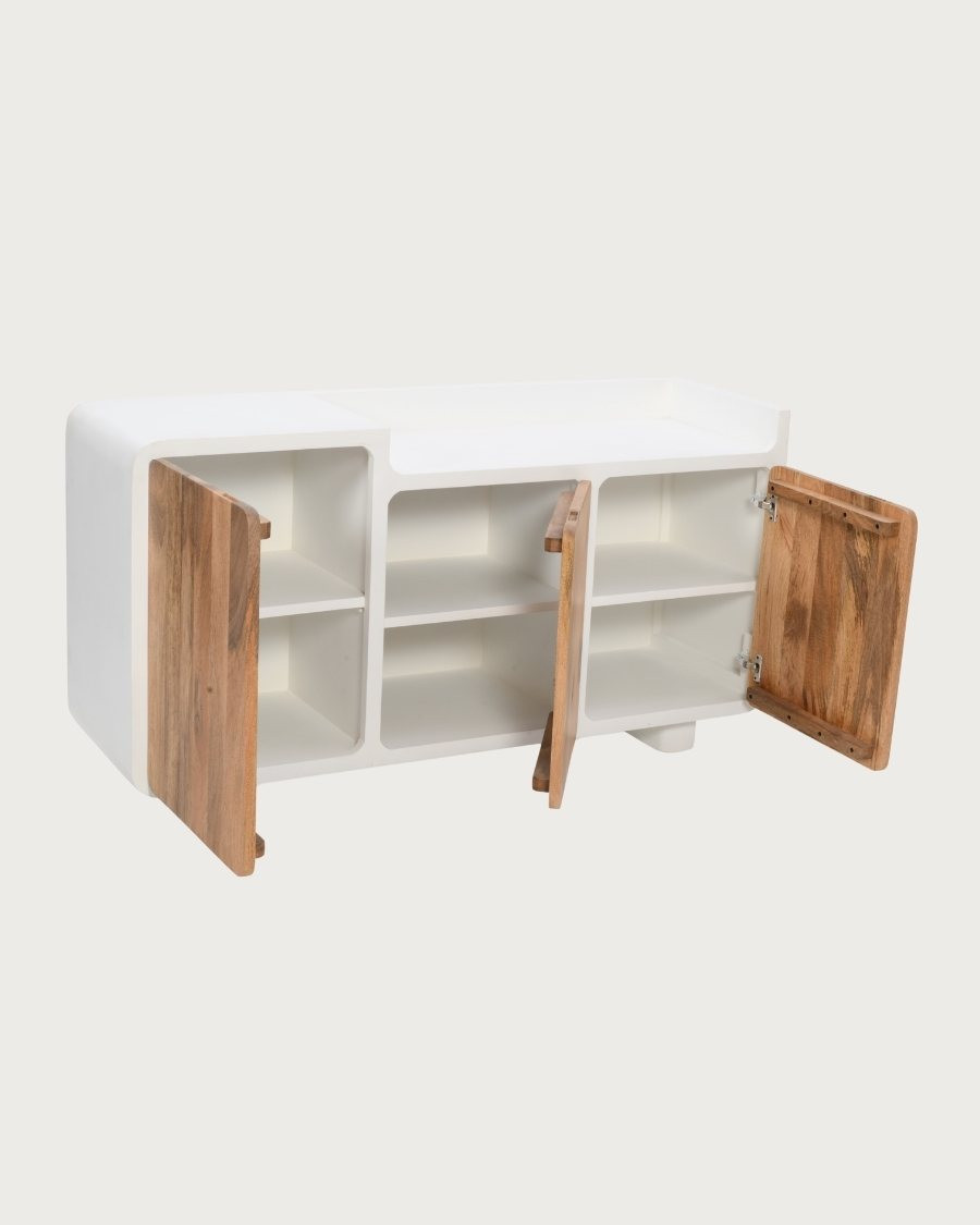 Noa - Low sideboard in MDF with concrete effect and recycled wood, 160 cm
