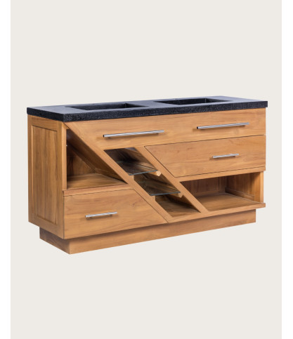 Diva - Meuble salle de bain en teck et marbre terrazzo noir 145 cm