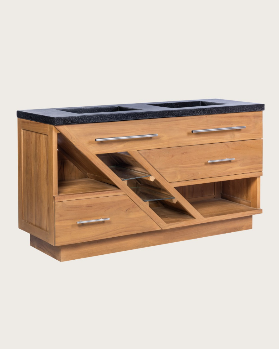 Diva - Badezimmerschrank aus Teakholz und schwarzem Terrazzomarmor 145 cm