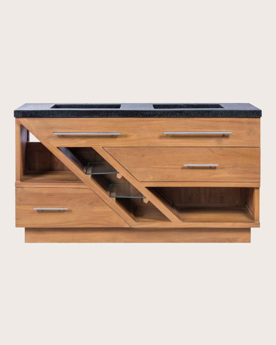 Diva - Mueble de baño de teca y mármol terrazo negro de 145 cm