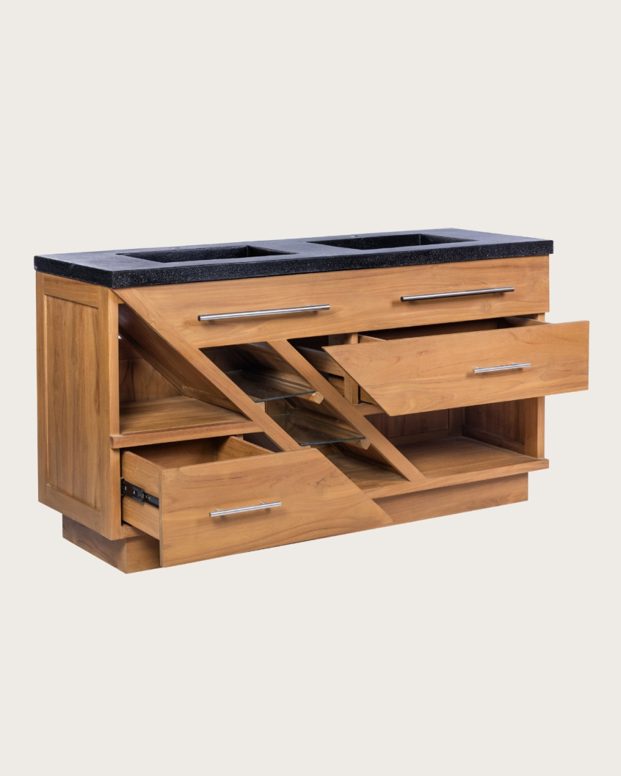 Diva - Badezimmerschrank aus Teakholz und schwarzem Terrazzomarmor 145 cm