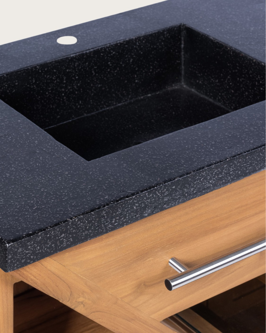 Diva - Meuble salle de bain en teck et marbre terrazzo noir 145 cm