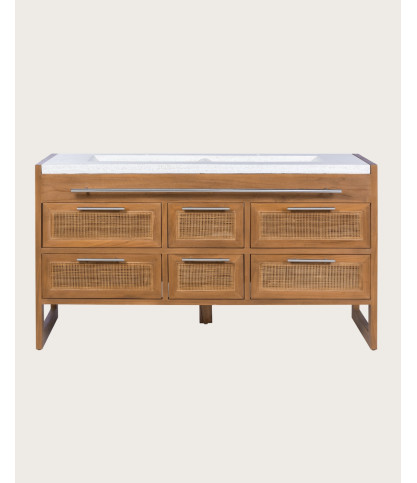 Sahara - Mueble de baño en teca y terrazo beige, 145 cm