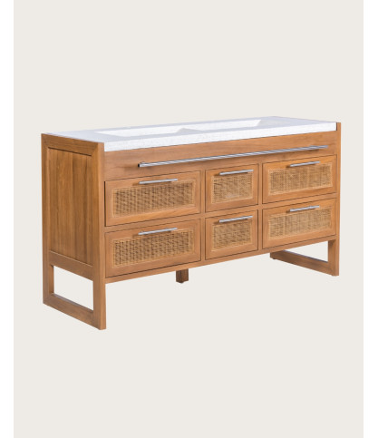 Sahara - Mueble de baño en teca y terrazo beige, 145 cm