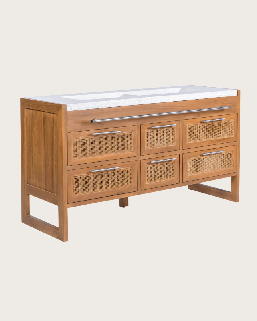 Sahara - Bathroom vanity unit in teak and beige terrazzo, 145 cm
