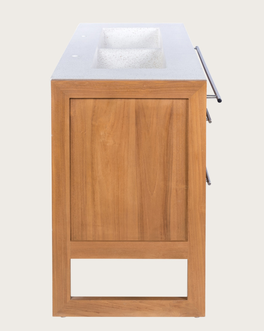Sahara – Badezimmer-Waschtisch aus Teakholz und beigefarbenem Terrazzo, 145 cm