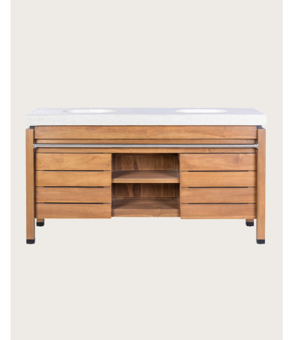 Borneo - Meuble Double Vasque plateau bois Avec Panier Rotin