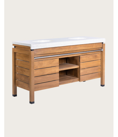 Borneo - Meuble Double Vasque plateau bois Avec Panier Rotin