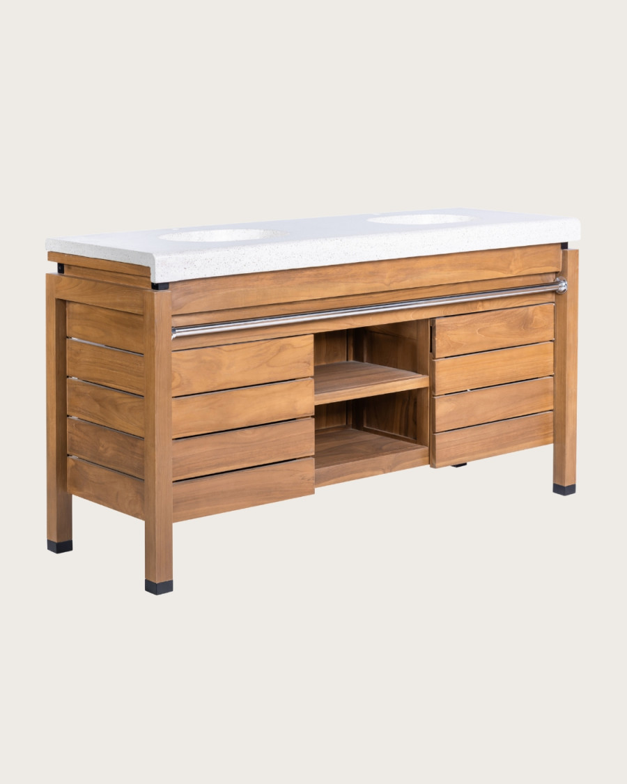 Borneo - Mueble de lavabo doble con encimera de madera y cesta de ratán