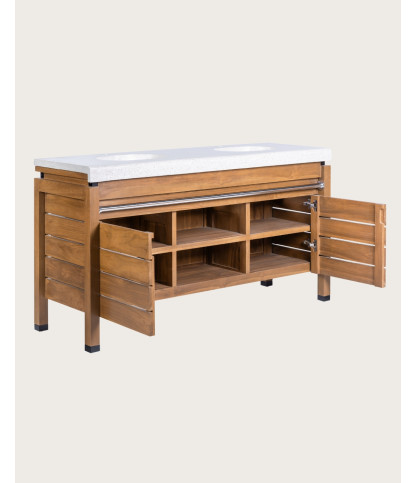 Borneo - Meuble Double Vasque plateau bois Avec Panier Rotin