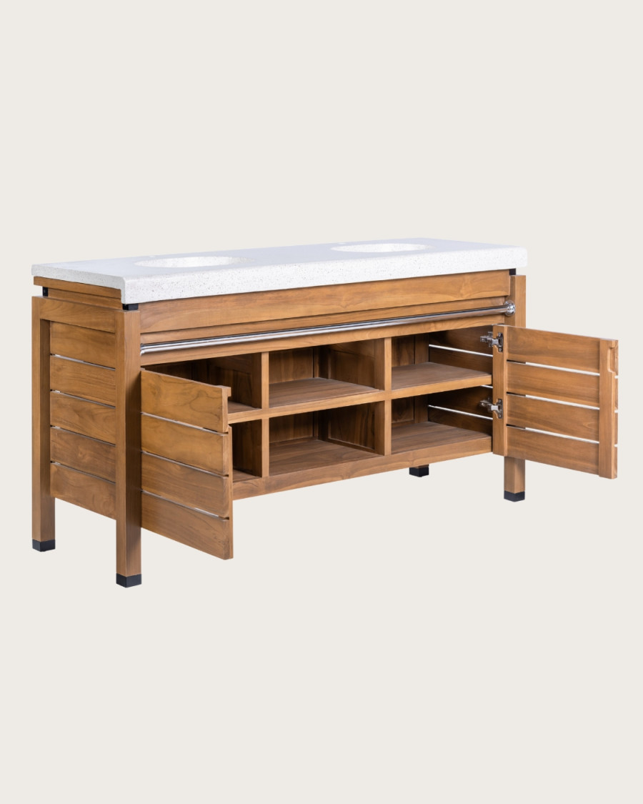 Borneo - Meuble Double Vasque plateau bois Avec Panier Rotin