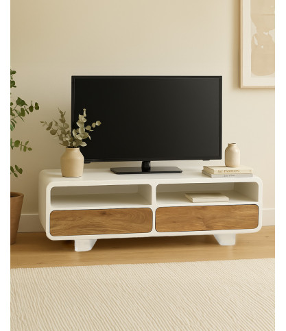 Noa - TV stand in concrete-effect MDF and recycled wood, 130 cm
