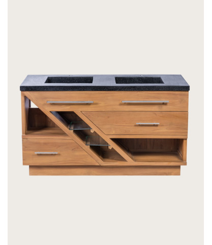Diva - Meuble salle de bain en teck et marbre terrazzo noir 145 cm