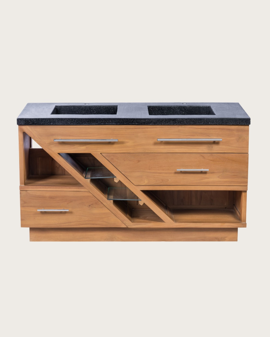 Diva - Meuble salle de bain en teck et marbre terrazzo noir 145 cm