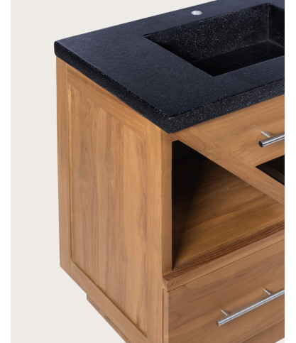 Diva - Meuble salle de bain en teck et marbre terrazzo noir 145 cm