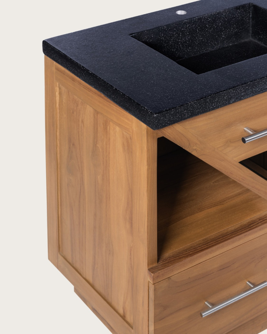 Diva - Meuble salle de bain en teck et marbre terrazzo noir 145 cm