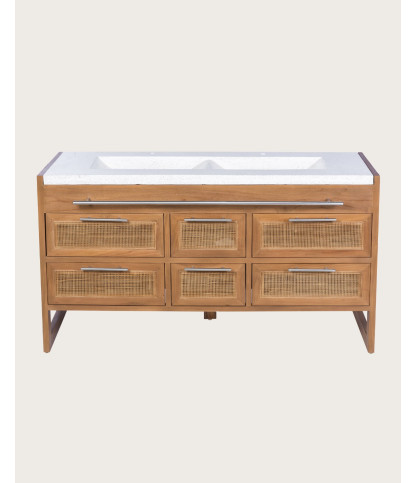 Sahara - Bathroom vanity unit in teak and beige terrazzo, 145 cm