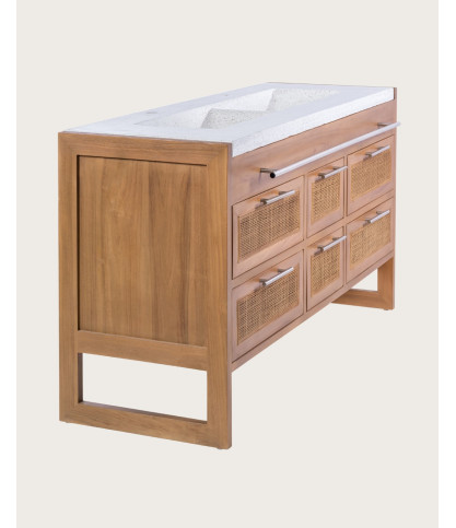 Sahara - Mueble de baño en teca y terrazo beige, 145 cm