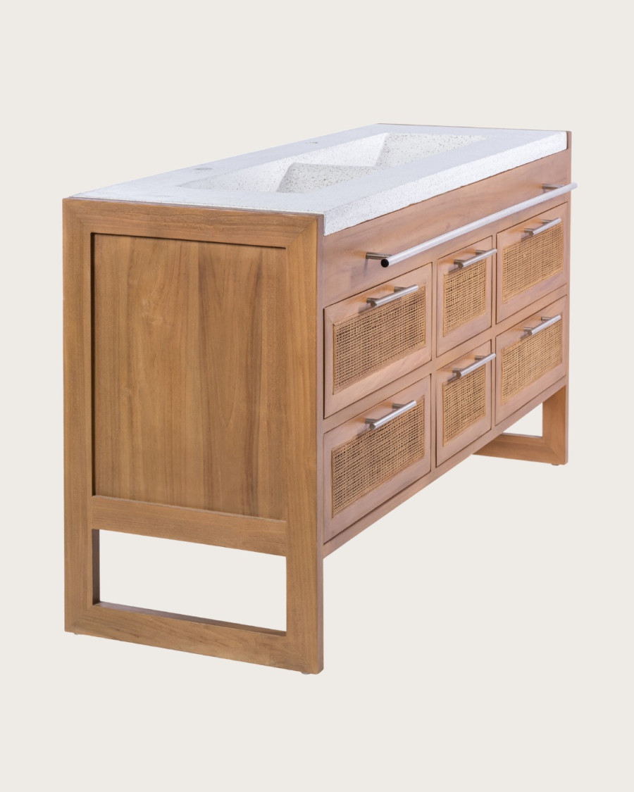 Sahara – Badezimmer-Waschtisch aus Teakholz und beigefarbenem Terrazzo, 145 cm