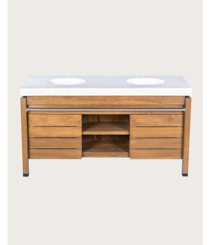 Borneo - Mueble de lavabo doble con encimera de madera y cesta de ratán