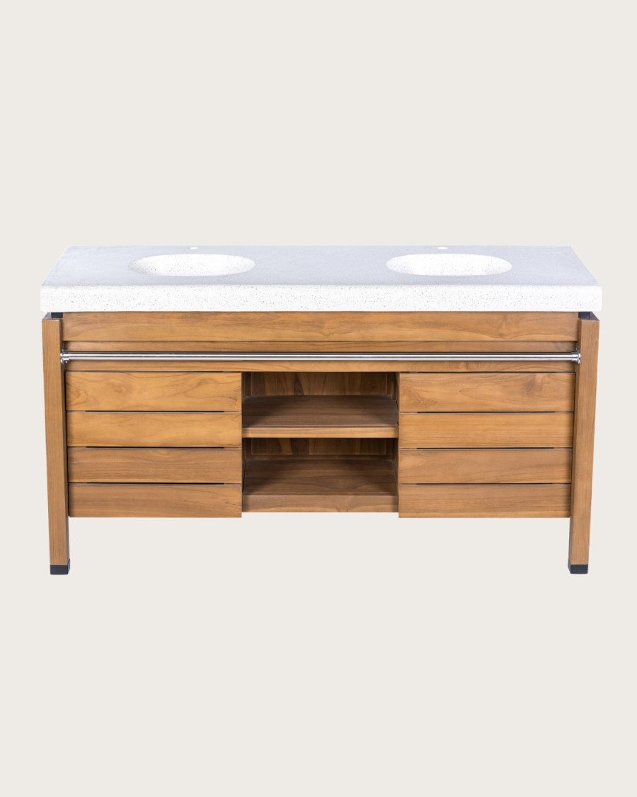 Borneo - Mueble de lavabo doble con encimera de madera y cesta de ratán