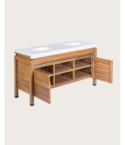 Borneo - Mueble de lavabo doble con encimera de madera y cesta de ratán