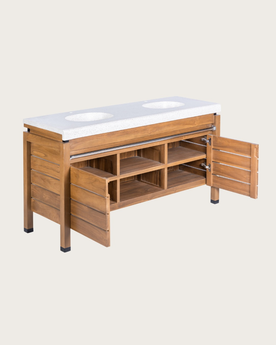Borneo - Mueble de lavabo doble con encimera de madera y cesta de ratán