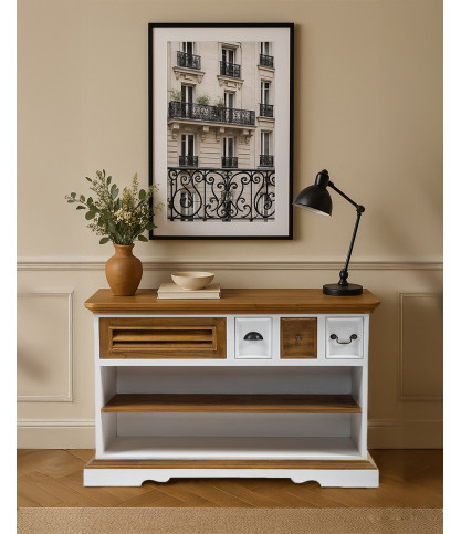 Inda - Consola de madera maciza Sungkai - Blanco y natural
