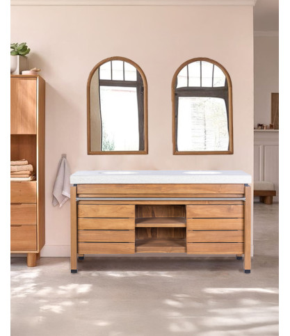 Borneo - Mueble de lavabo doble con encimera de madera y cesta de ratán