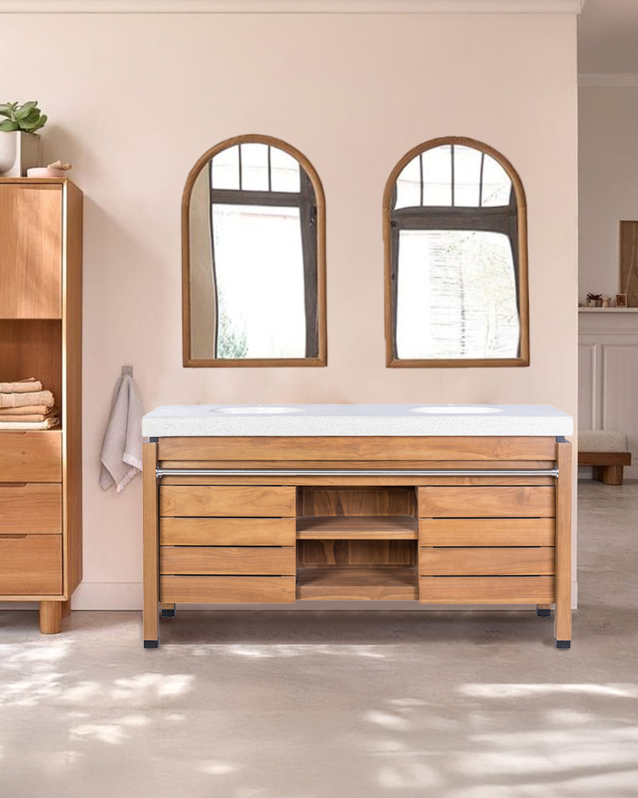 Borneo - Mueble de lavabo doble con encimera de madera y cesta de ratán