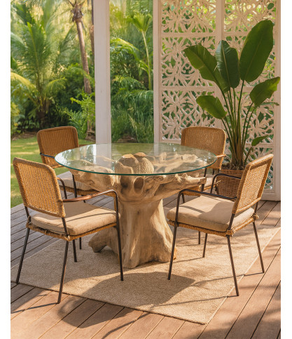 Forest - Table de jardin en bois brut de teck et en verre