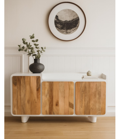 Noa - Buffet bas en MDF effet béton et bois recyclé 160 CM