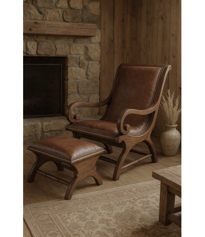 Lazy - Fauteuil colonial avec repose pieds en teck et cuir marron