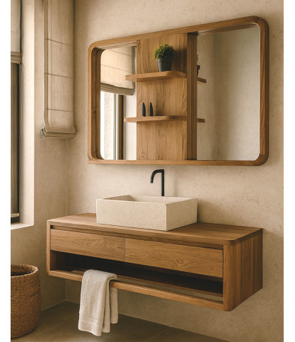 Arawa - Mobiletto da bagno sospeso da 150 cm con specchio in teak