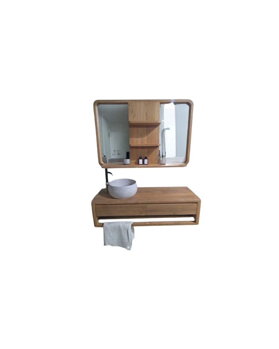 Arawa - Mobiletto da bagno sospeso da 150 cm con specchio in teak