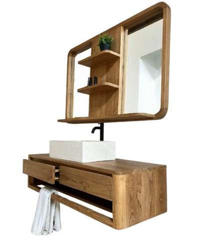 Arawa - Meuble sous vasque suspendu 150 cm avec miroir en teck