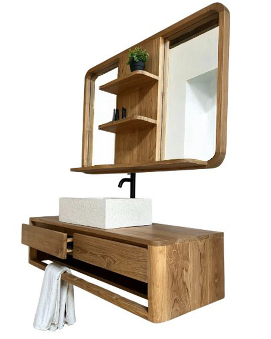 Arawa - Meuble sous vasque suspendu 150 cm avec miroir en teck