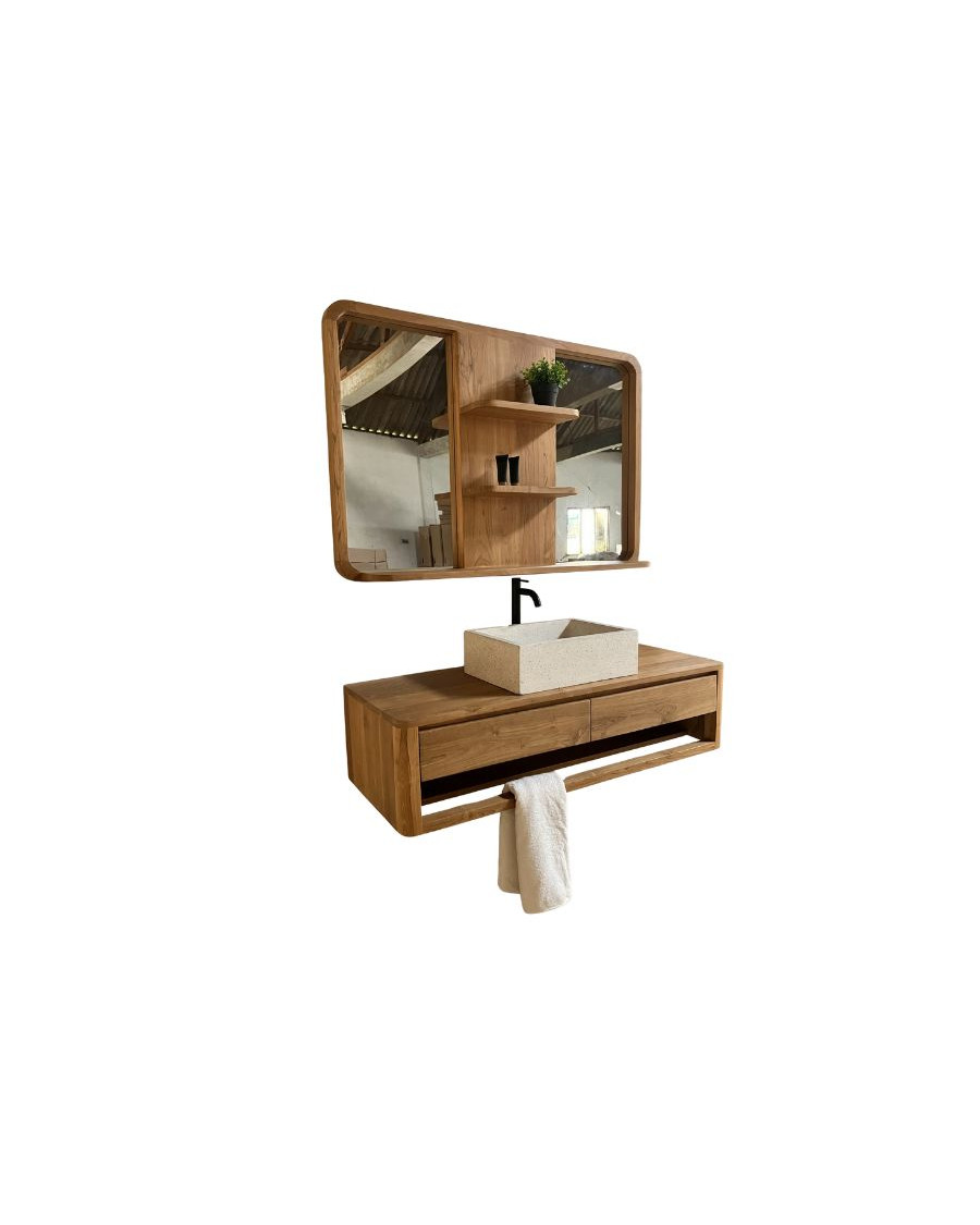 Arawa - Mueble de baño suspendido de 150 cm con espejo de teca