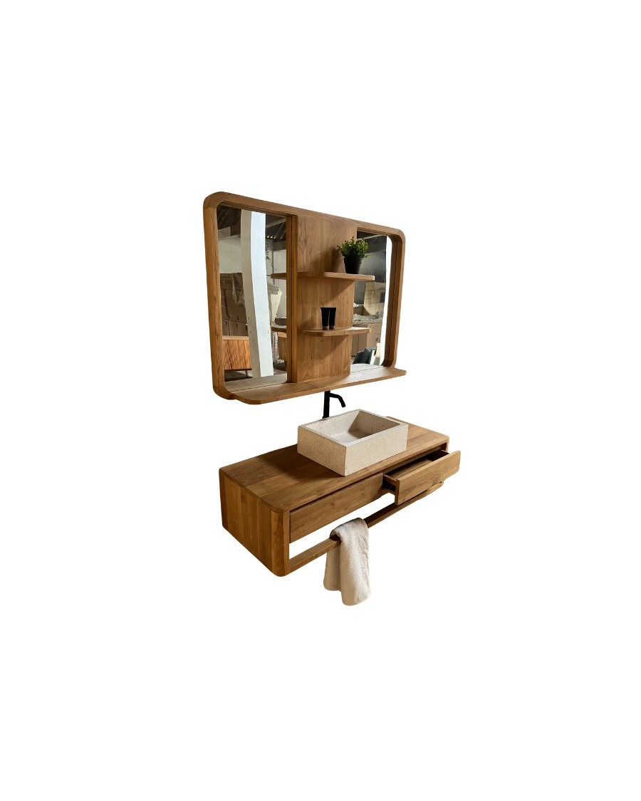 Arawa - Meuble sous vasque suspendu 150 cm avec miroir en teck