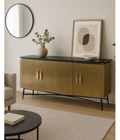 Glory - Grand buffet finition laiton vieilli avec plateau en marbre noir 160 cm